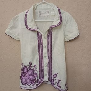Guess Cream purple embroidered blouse short sleeved size 6